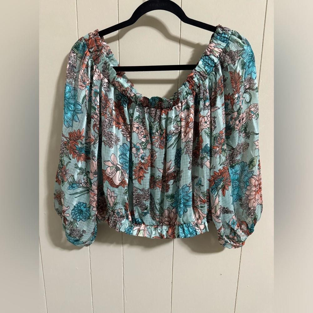 Unique vintage 2x plus size 18 blue orange pink retro floral crop top fall